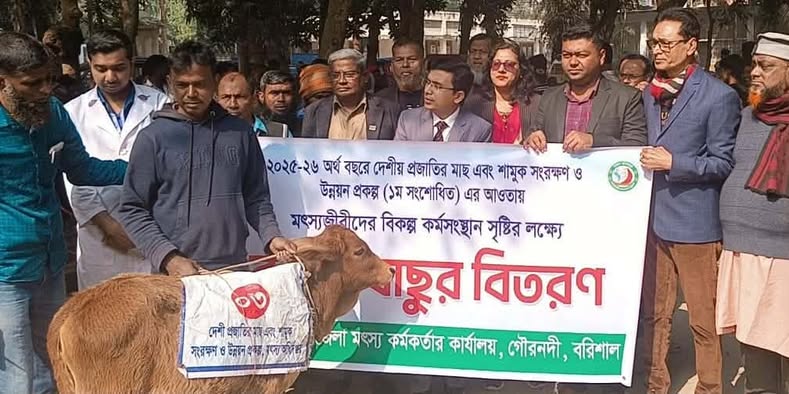 গৌরনদীতে মৎস্যজীবীদের মাঝে বকনা বাছুর বিতরণ