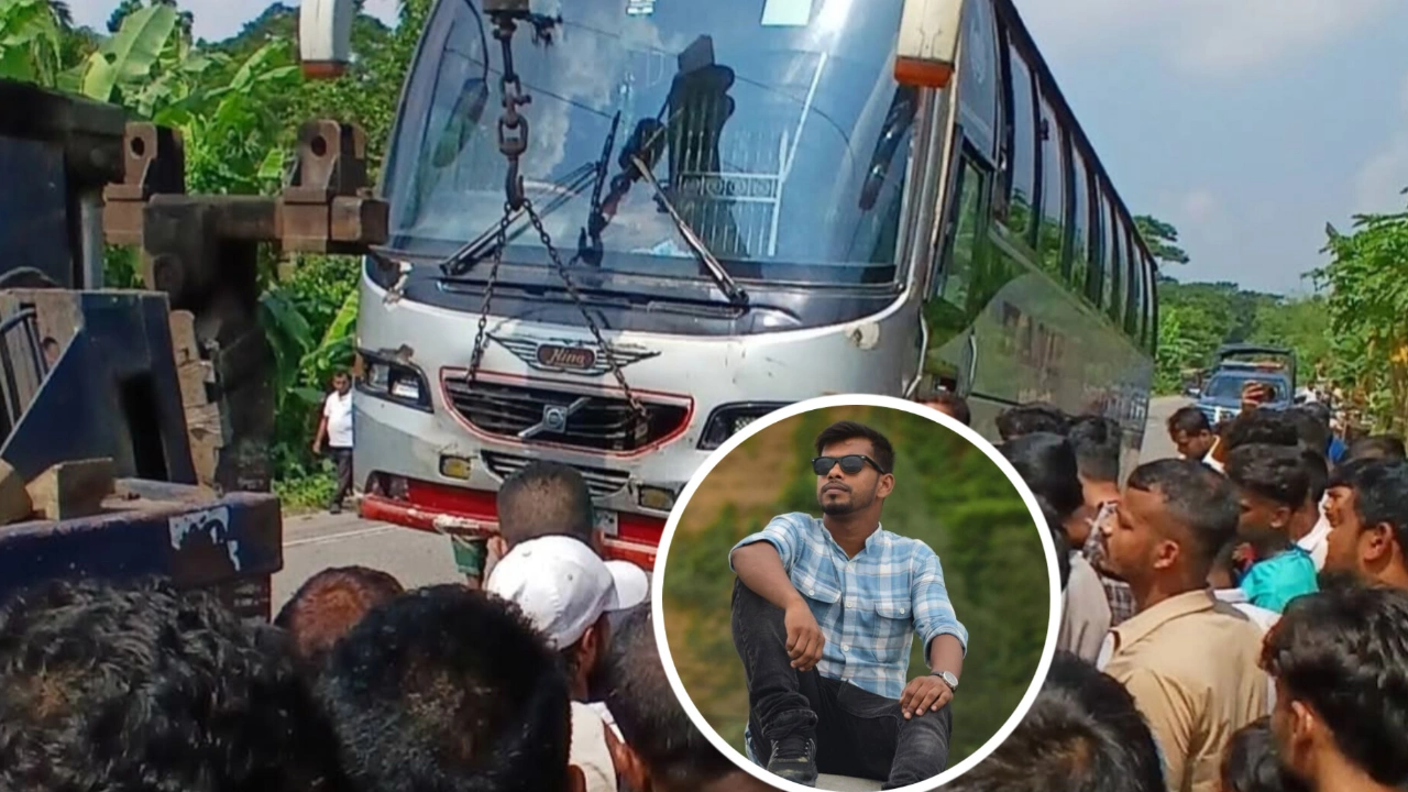 সংঘর্ষের পর বাসের নিচে মোটরসাইকেল, প্রাণ গেল চালকের